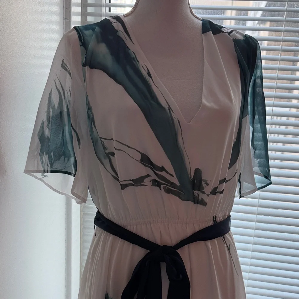 White Maxi Dress with Green Brushstroke Print and Black Tie